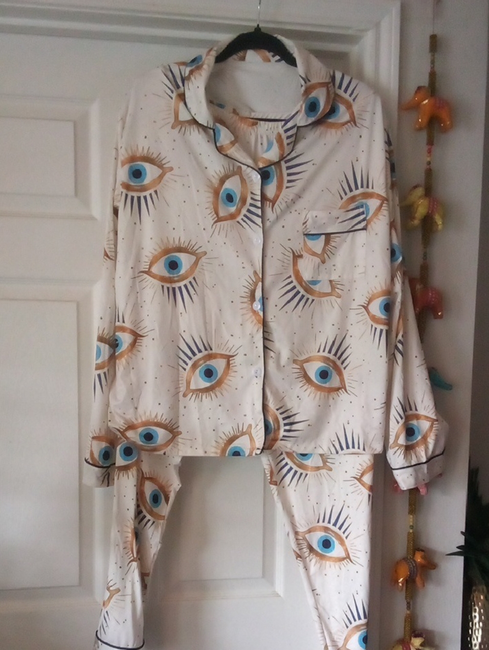 Eye Print Pajama Set - White with Blue & Gold Eyes